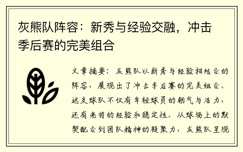 灰熊队阵容：新秀与经验交融，冲击季后赛的完美组合